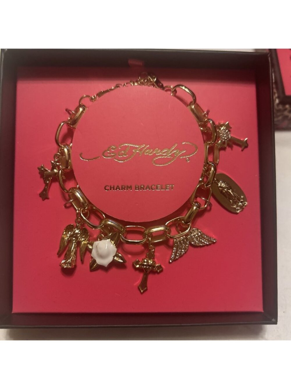 Ed Hardy Gold Tone Charms Bracelet Virgin Cross Angel Wings Rose Emo Goth Heart